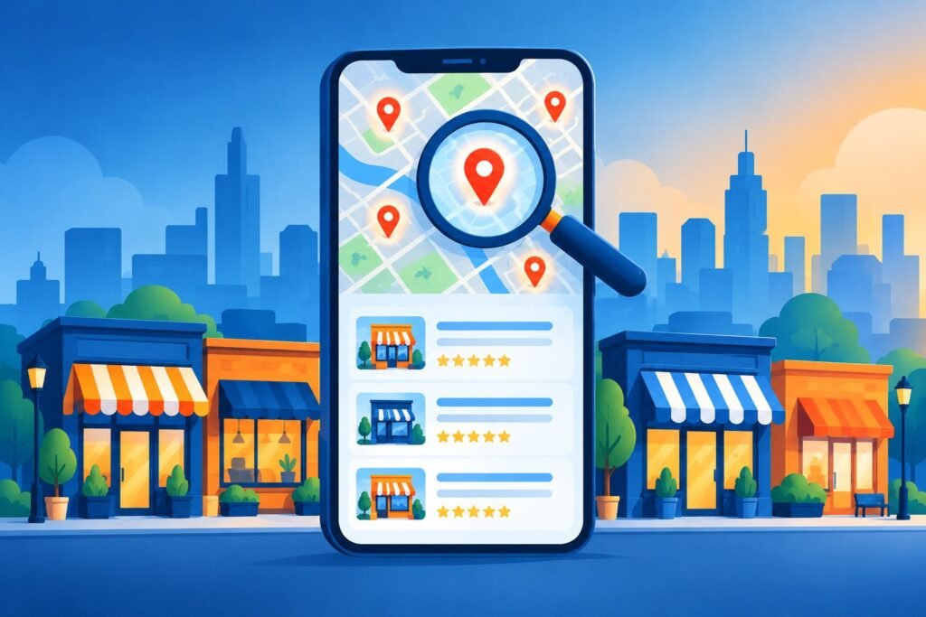 Illustration of a smartphone with a local map, location pins and five-star listing representing local SEO strategy
