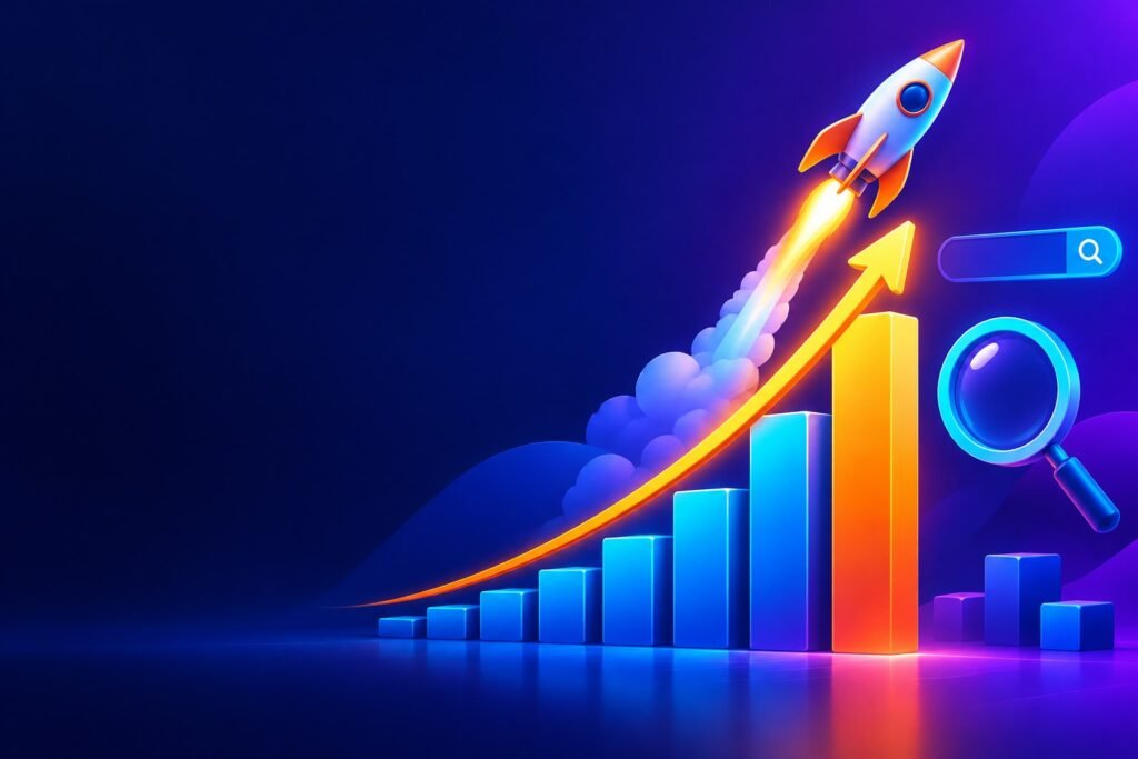 Rising traffic graph with a rocket illustrating SEO growth from 5K to 50K website visitors